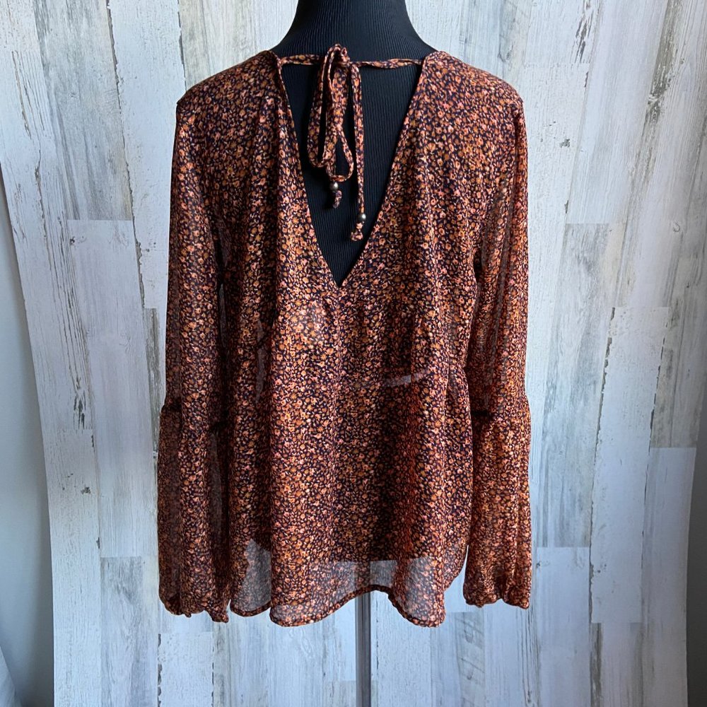 Mossimo Size Medium Sheer Chiffon Print Blouse Tie Back Long Sleeve Top - Picture 3 of 8